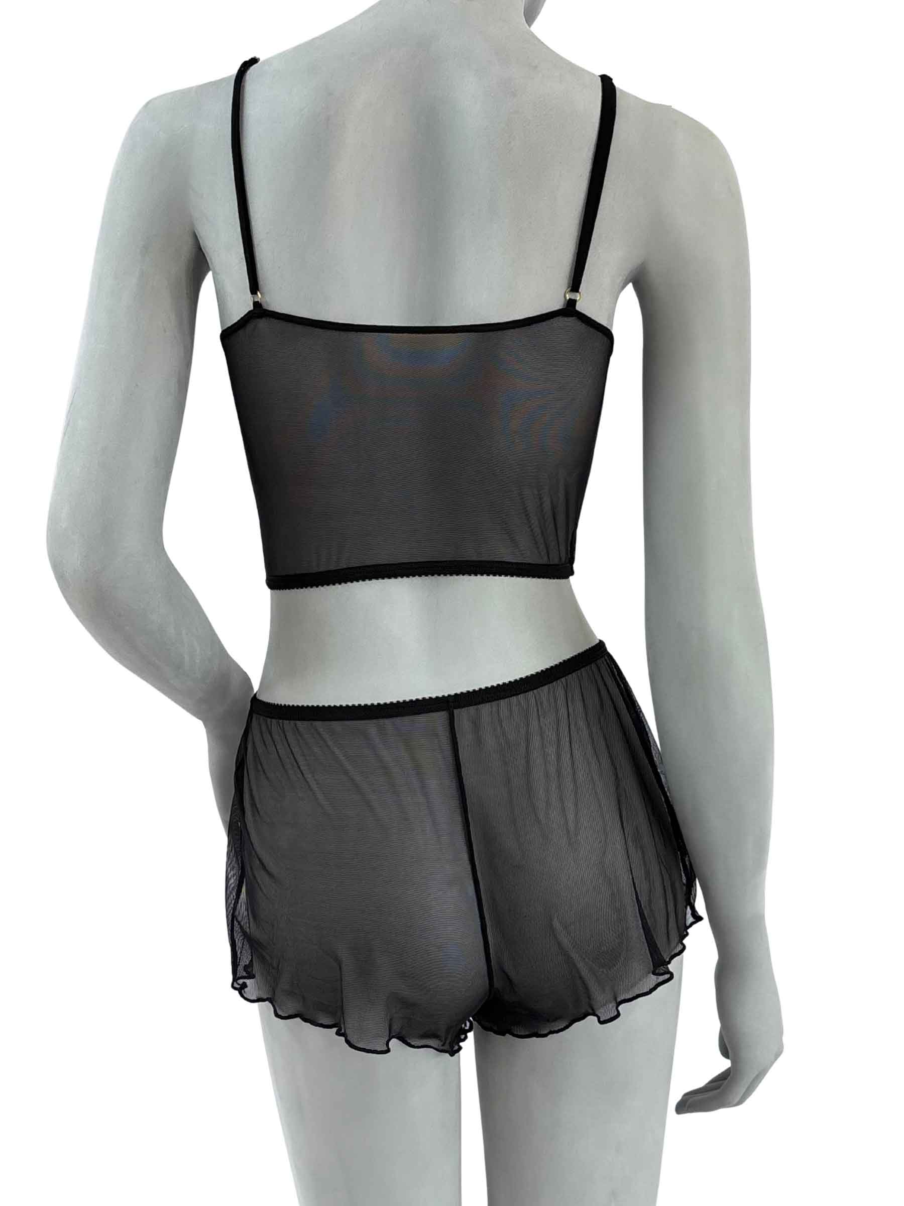 Costas completas da calcinha Angela Cisô em tule transparente preto com babados, lingerie artesanal