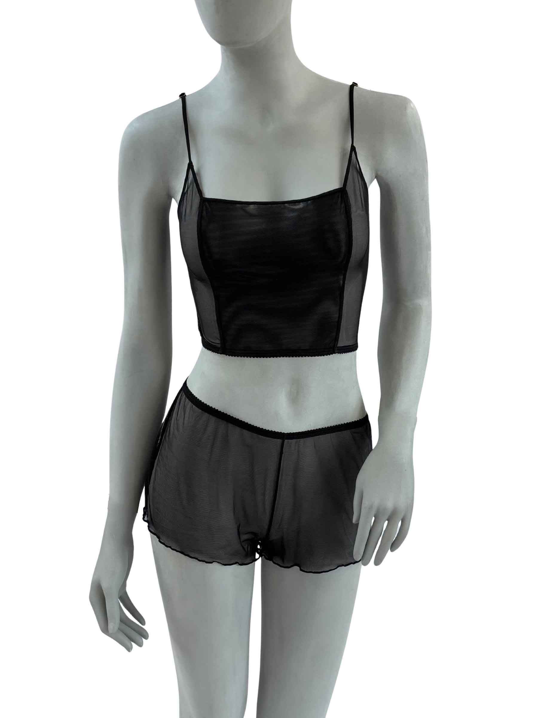 Calcinha Angela Cisô em tule transparente preto com babados, modelo french knickers, vista frontal