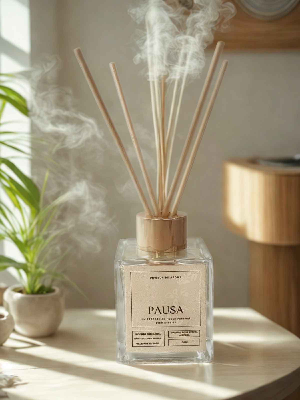 Difusor de ambientes Pausa 100ml da Cisô Atelier em frasco de vidro quadrado com varetas ajustáveis