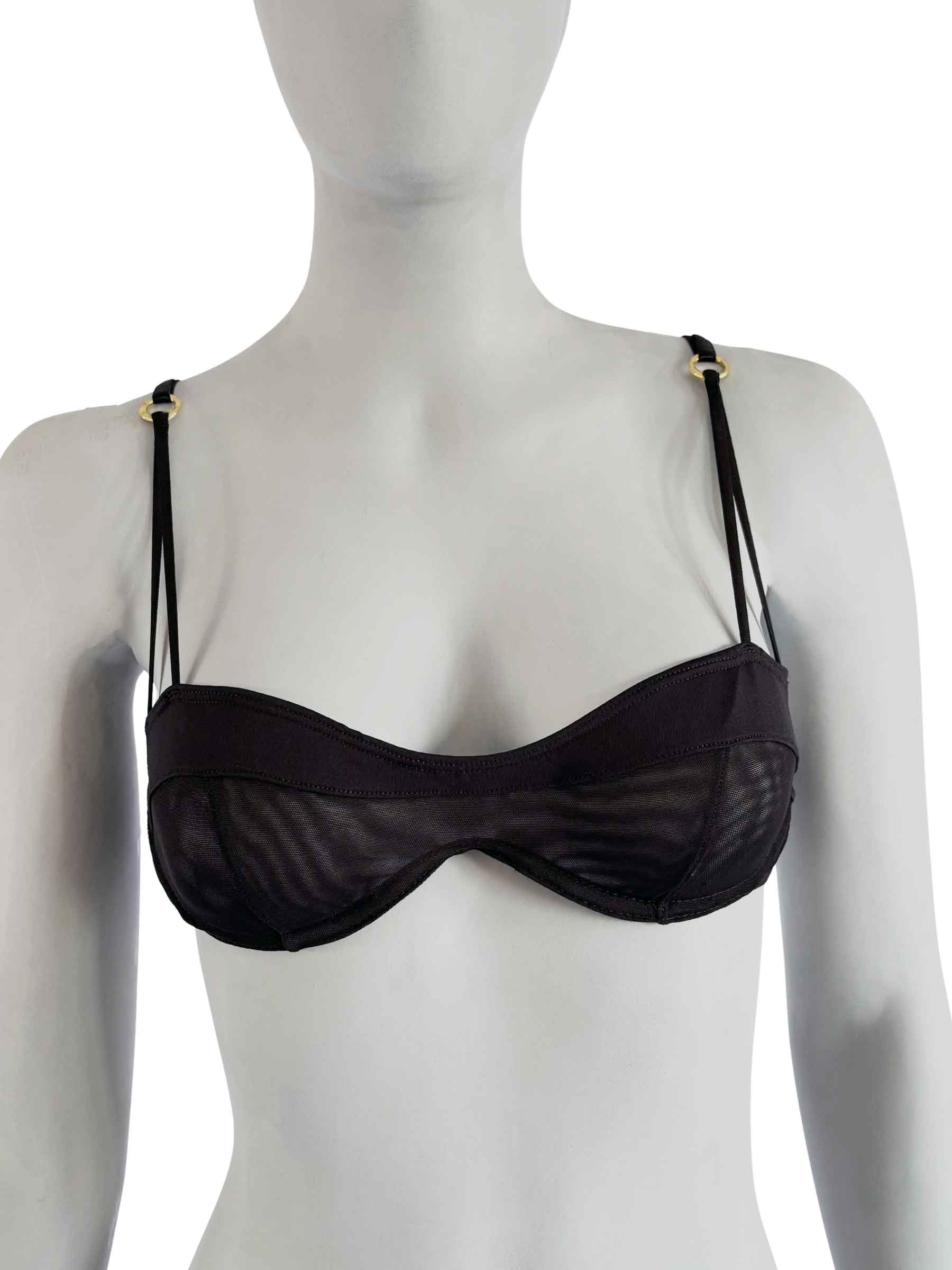 Sutiã Bruna preto com aro duplo, alças dupla e detalhe em argola, com decote em microfibra e tule transparente, alças reguláveis em elástico fino, vista frontal, lingerie artesanal design autoral Cisô Atelier