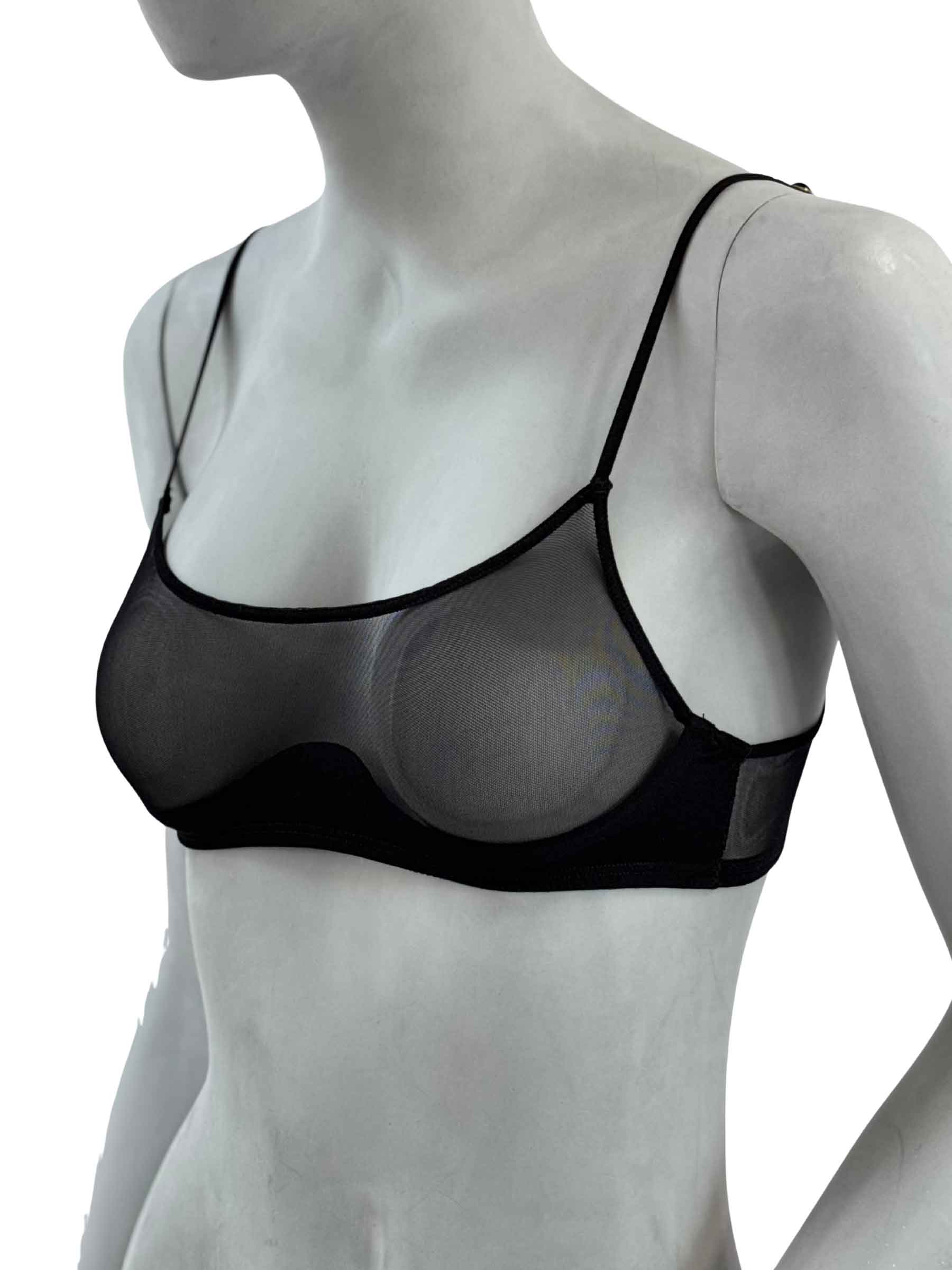 Sutiã Tracey Cisô Atelier em tule preto com alças delicadas e design minimalista, vista lateral mostrando estrutura e transparência