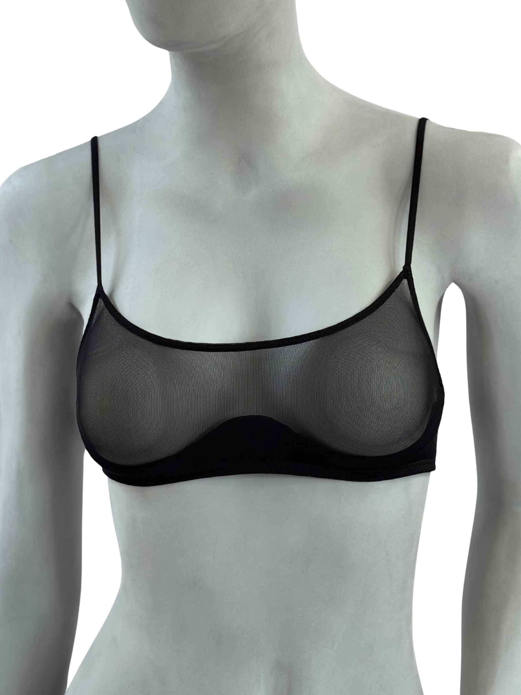 Sutiã Tracey Cisô Atelier em tule preto transparente com design minimalista e alças delicadas, vista frontal mostrando estrutura