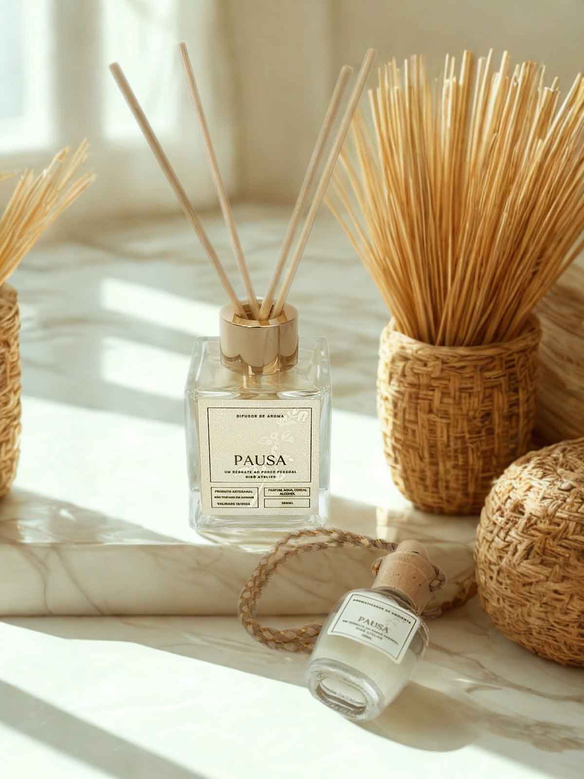 Difusor de ambientes Pausa 100ml e aromatizador 10ml da Cisô Atelier em frascos de vidro e ambiente clean sob tampo de marmore claro