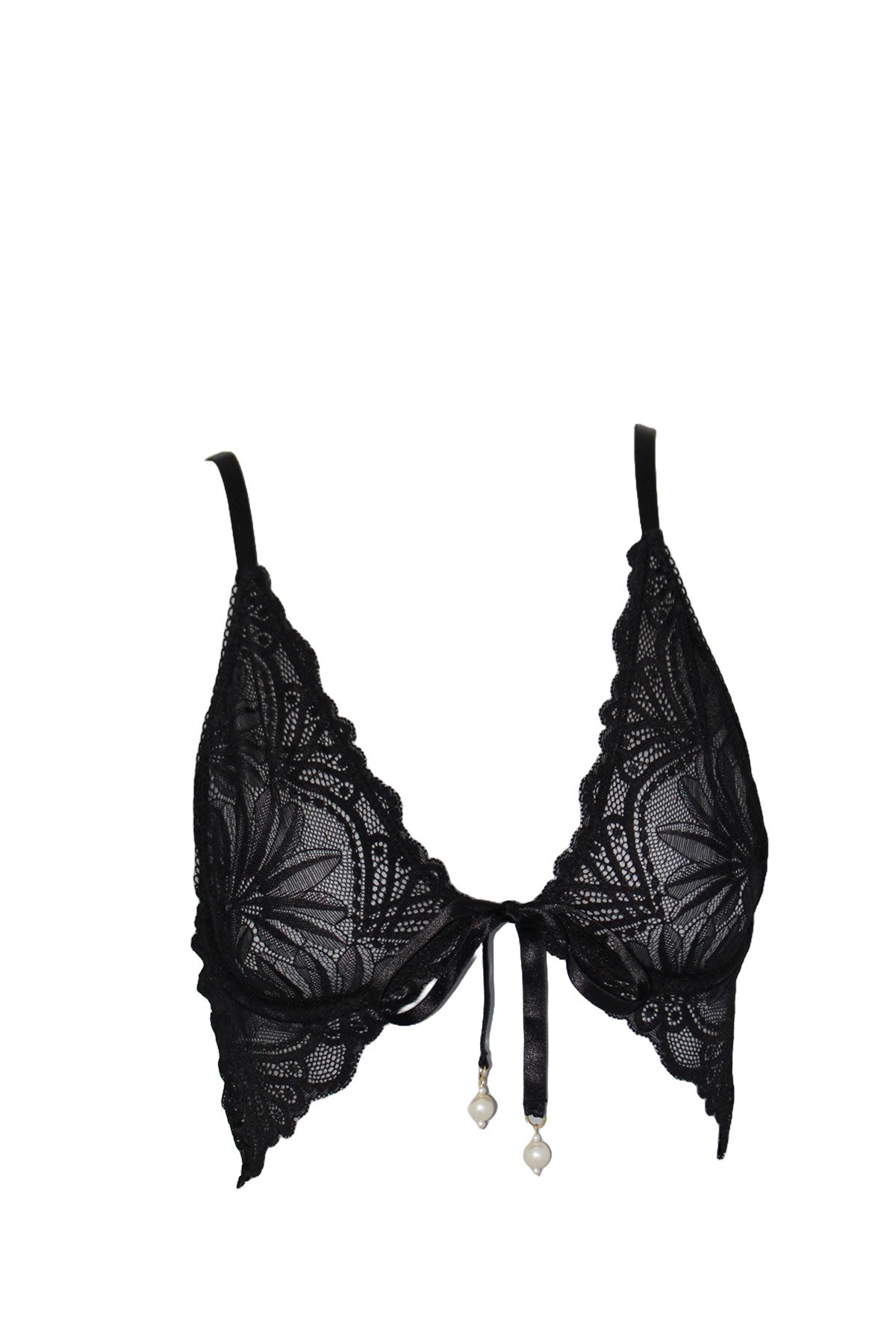 Sutiã Kamila preto com renda floral, decote profundo triangular com laço central, fecho frontal e pingentes de pérolas, alças finas pretas ajustáveis, vista frontal flat lay fundo branco, lingerie sem bojo autoral Cisô Atelier