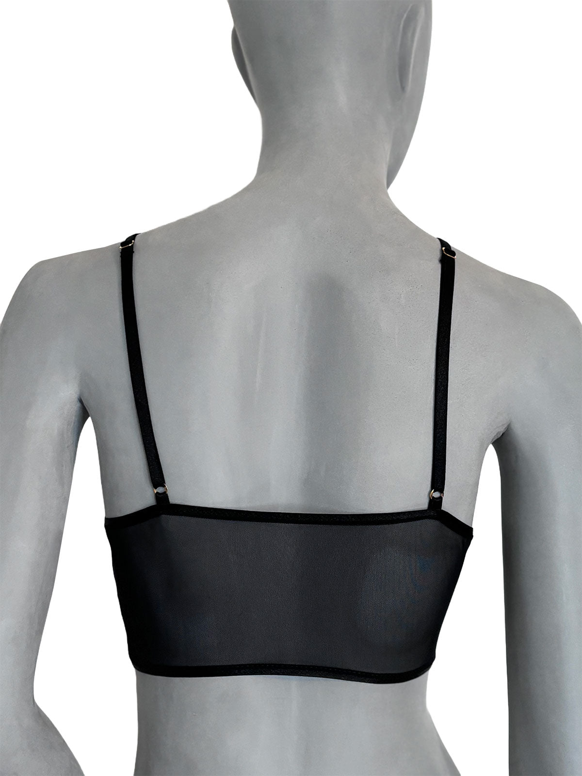 Vista traseira do Sutiã Tereza Cisô Atelier em tule preto com alças ajustáveis e acabamento minimalista elegante